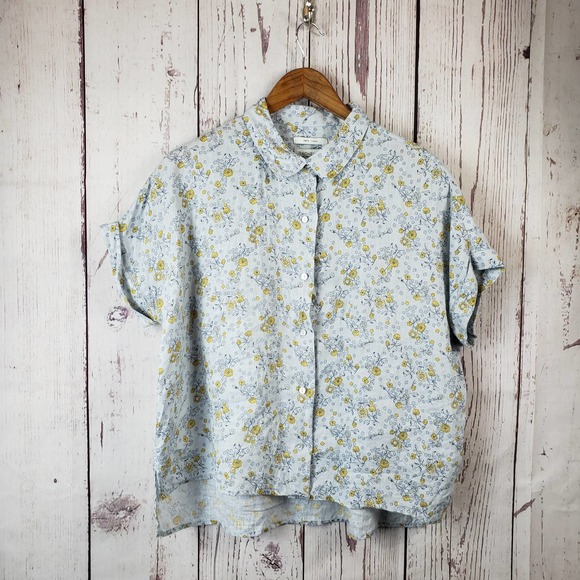 Rachel Zoe Blouse Womens Size Small Button front Floral Linen Short Sleeve Blue - Picture 2 of 7